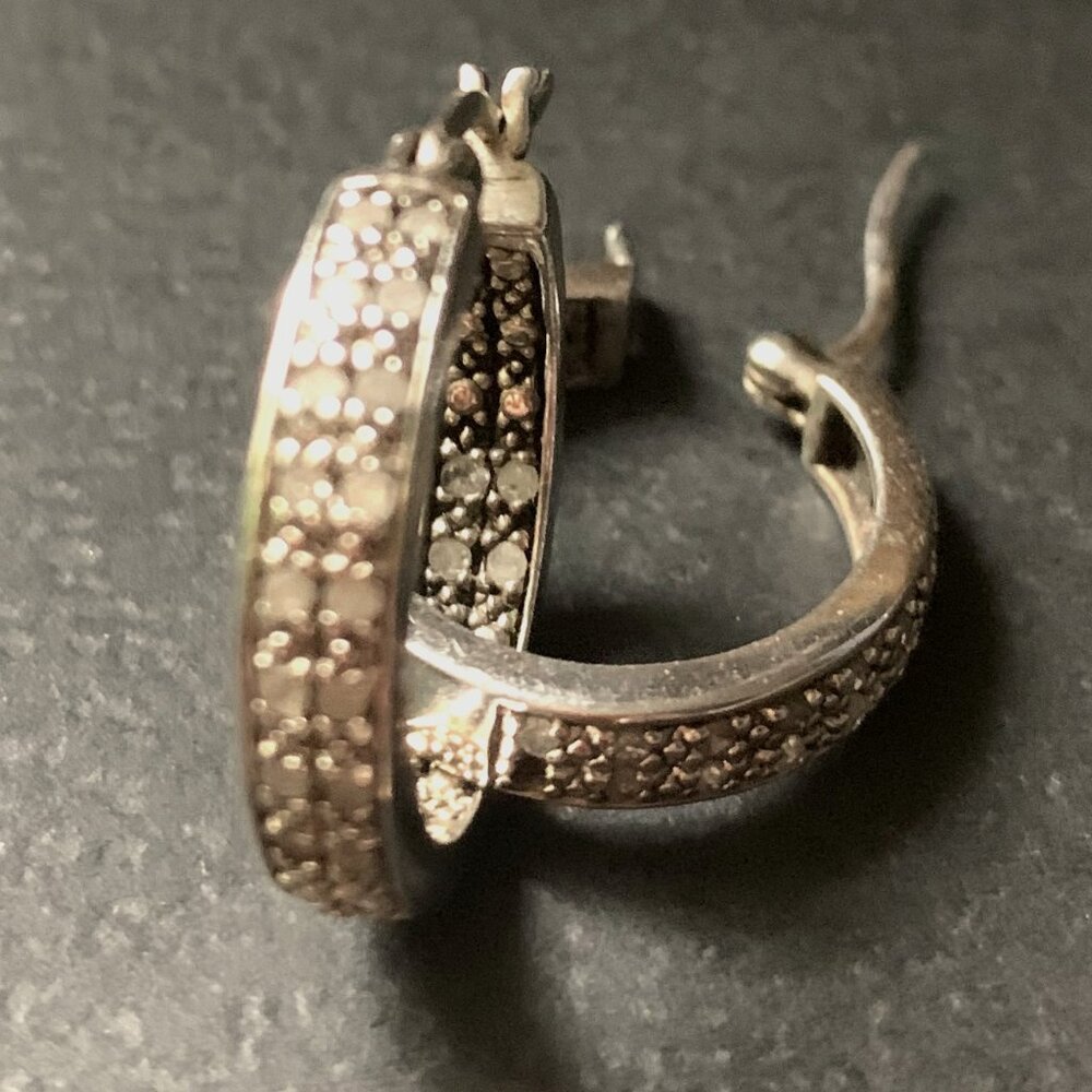 DBJ 925 Sterling Silver and Diamond Studded Inner Outer Hoop Earrings